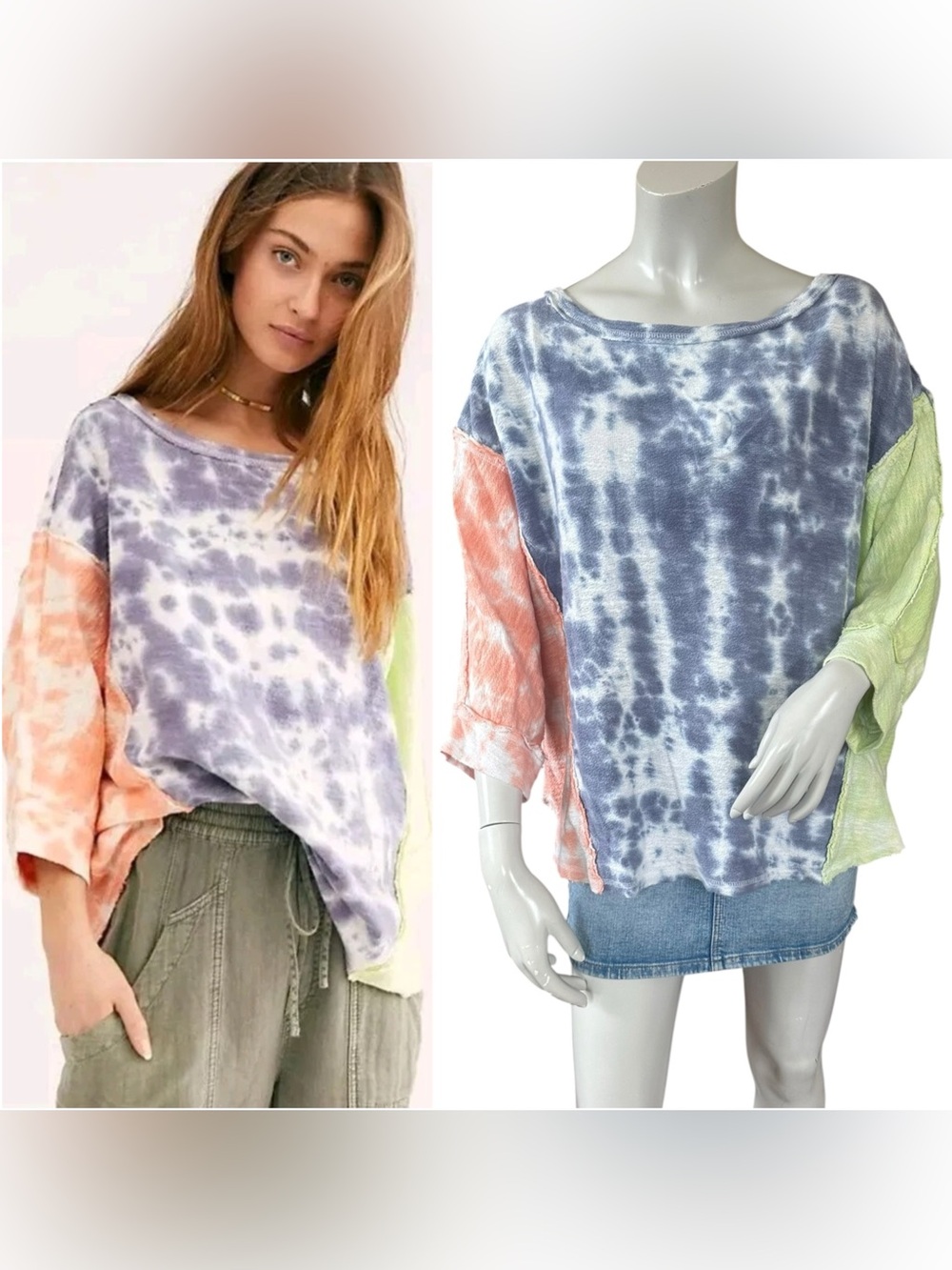 Free People Chasing The Sun Green Blue Orange Tie Dye Cotton Oversized Top Small